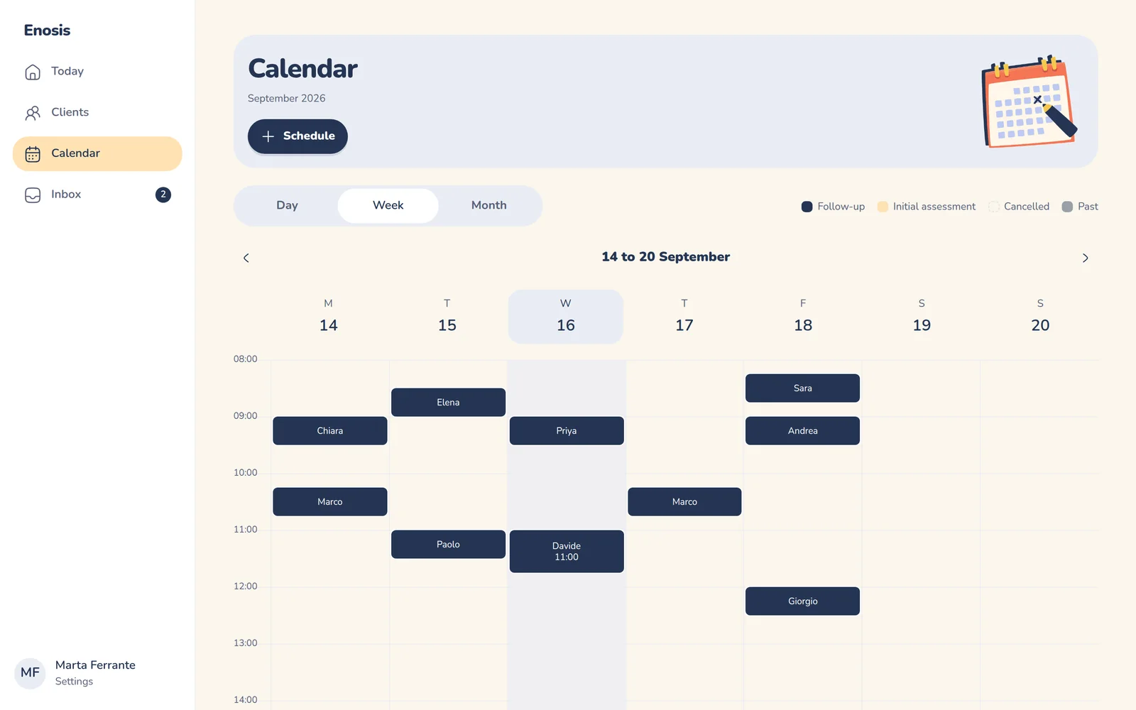 The studio calendar, week view.