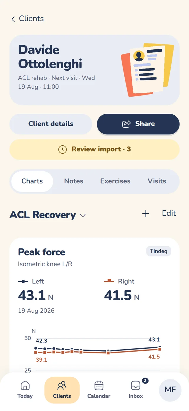 A client's peak force chart, left and right, on a phone.
