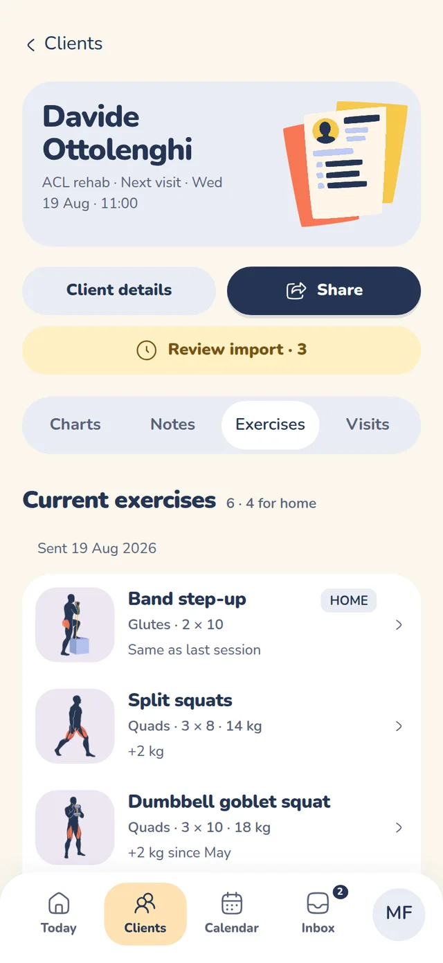 A client's exercise programme on a phone.