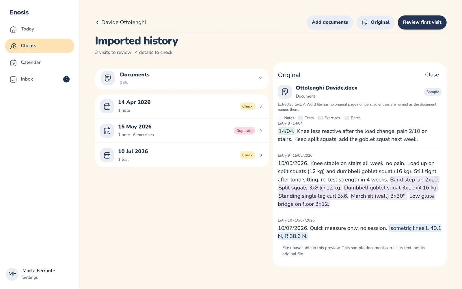 An imported history in the Enosis app: the visits found in a file, next to the original text.