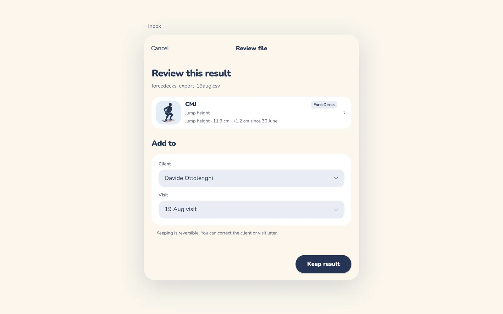 Reviewing an imported jump test before keeping it, in the Enosis app.