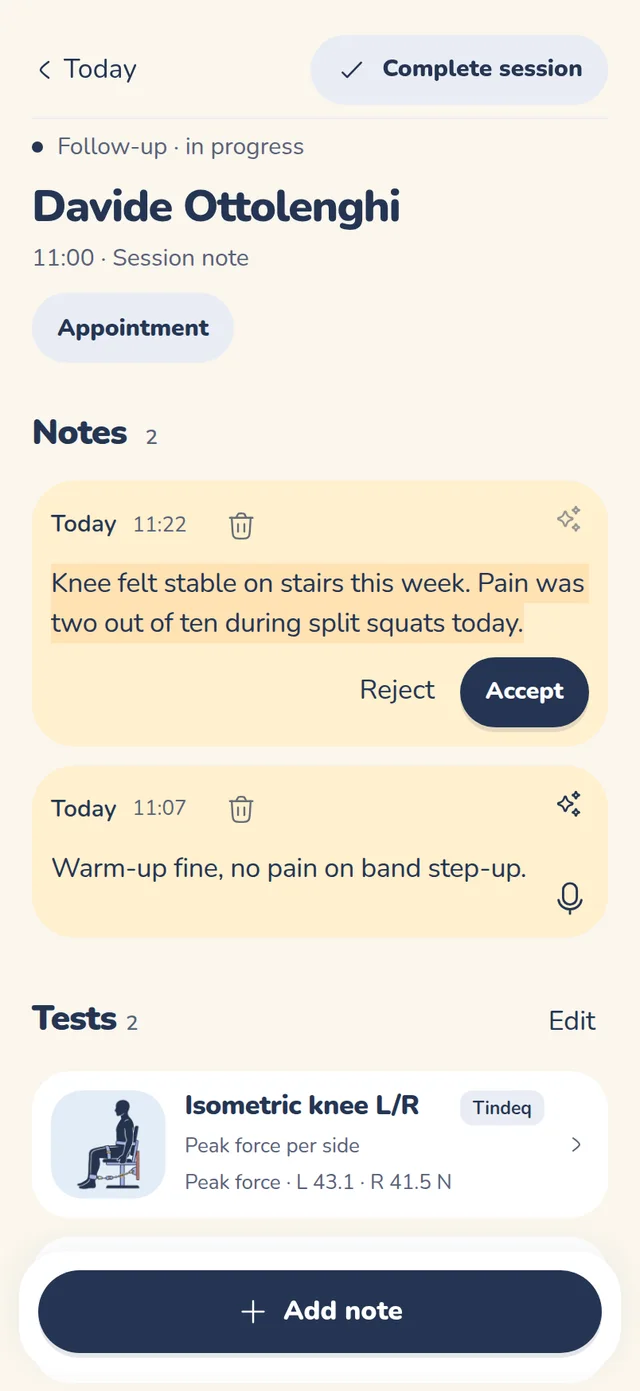 A spoken note tidied by AI, with Accept and Reject.