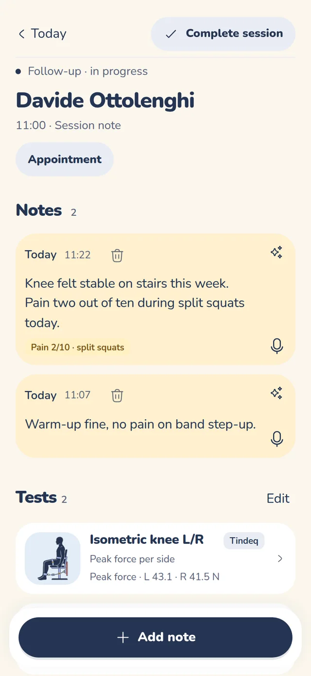 A live session on a phone: notes and tests.