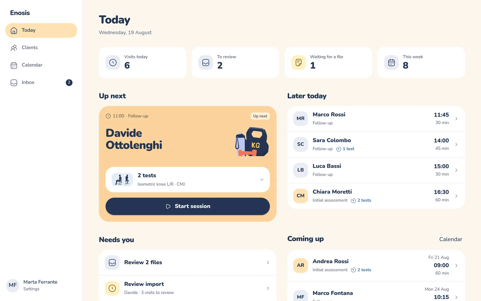 The Today view of the Enosis app: the day's sessions and what needs attention.