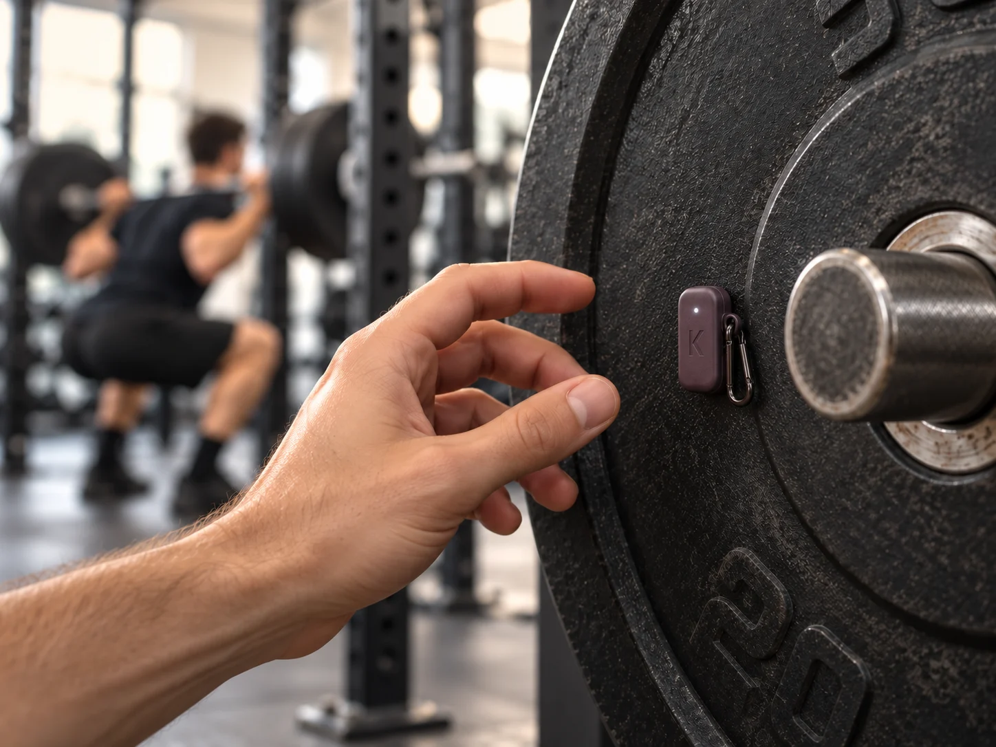 A hand reaching for Kinesis on a loaded barbell plate, with someone squatting in the rack behind.