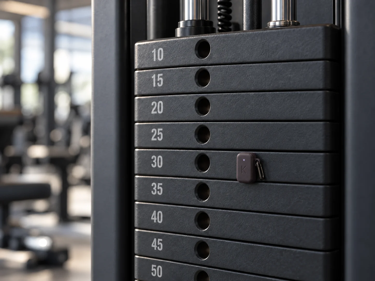 Kinesis clipped to the weight stack of a pin-loaded machine, beside the thirty kilo plate.